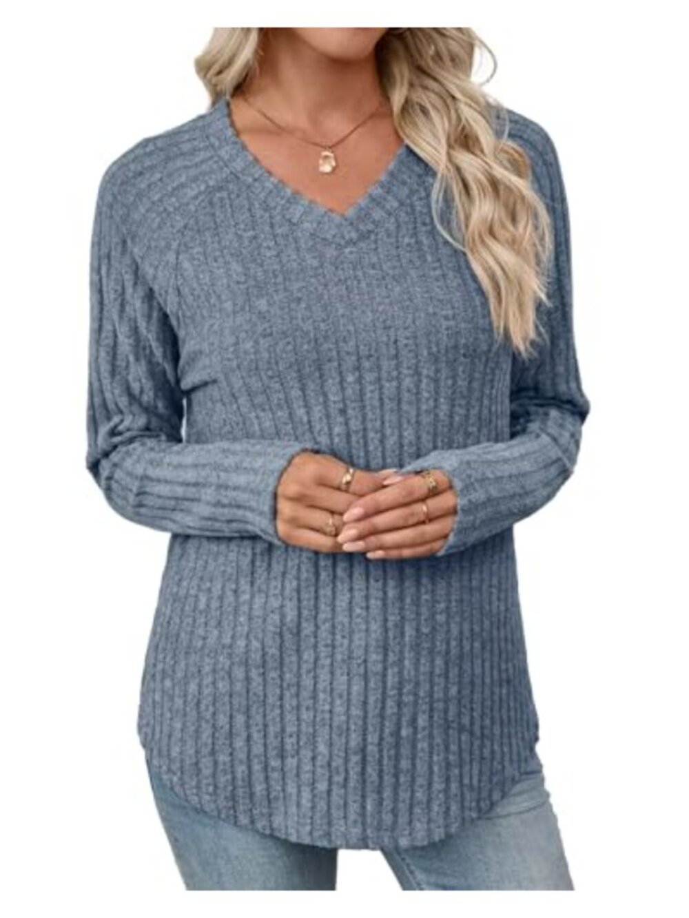 Women's Long Sleeve V-Neck Tunic Top Polyester Spandex Curved Hem